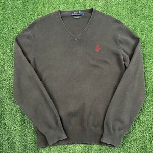 Polo Ralph Lauren Women's S Black Pima Cotton V-Neck Sweater Red Pony Preppy